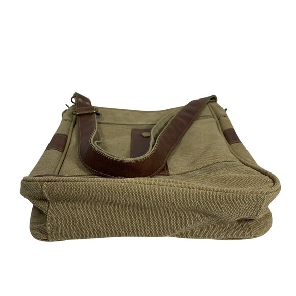 Heavy Khaki Canvas Faux Leather Trim Messenger Satchel Crossbody Bag Pockets EUC - Picture 6 of 12